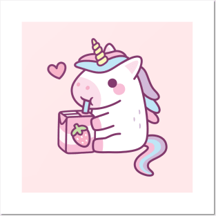 Cute Little Unicorn Loves Strawberry Milk Posters and Art